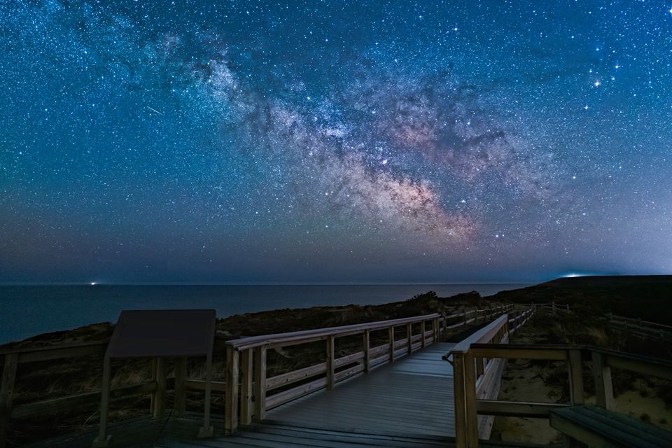 Night sky at Marconi Wireless Site. Deep blue sky with a boardwalk.